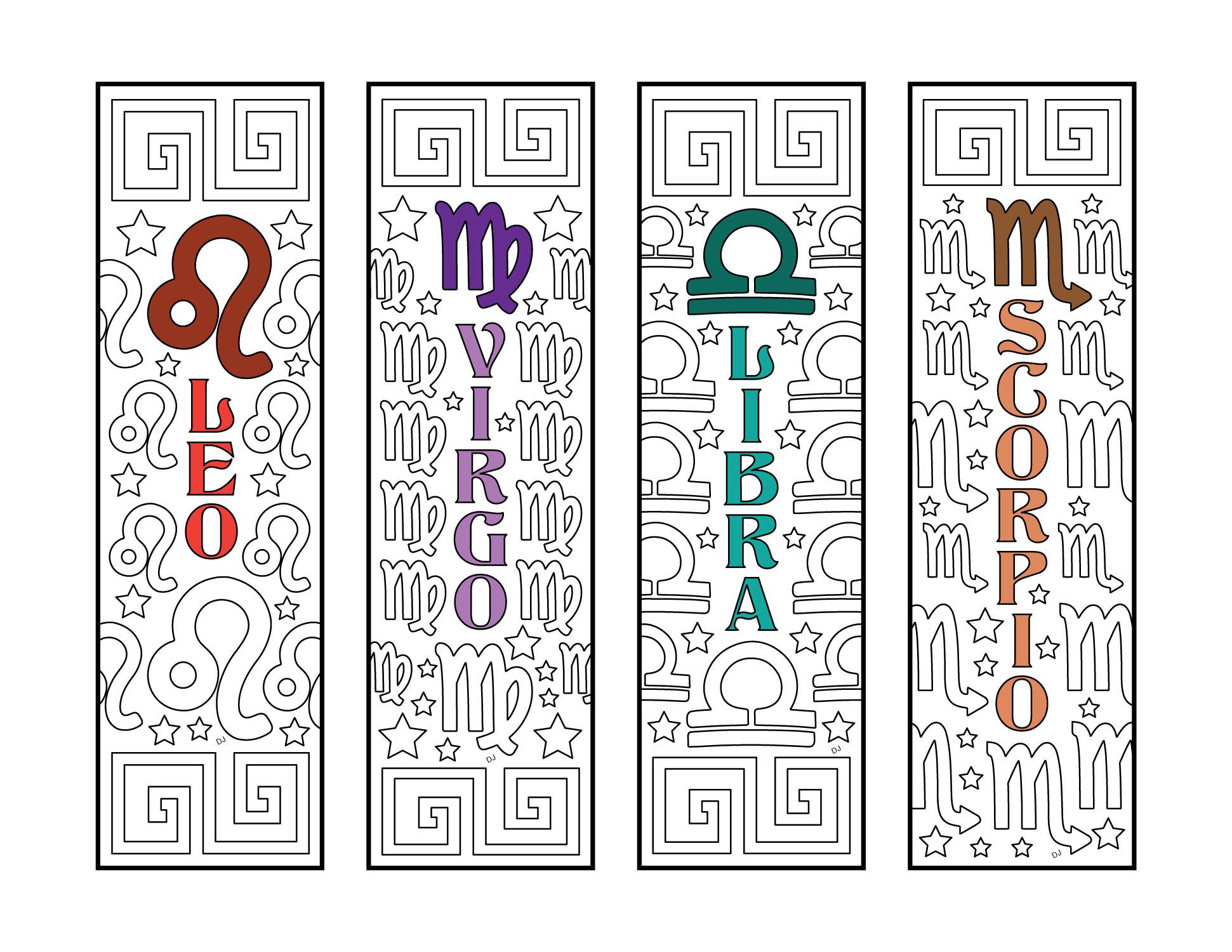 Zodiac Bookmarks   Leo, Virgo, Libra, Scorpio   PDF Zentangle Coloring Page